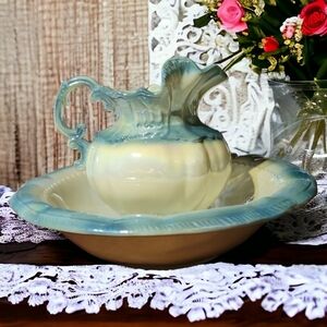 Antique Arnel's Water Pitcher Wash Basin Bowl Pearl White Blue Iridescent Mint